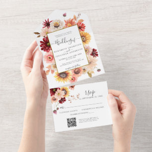 Fall Burgundy Dahlia Blommigt Guld QR OSA Bröllop
