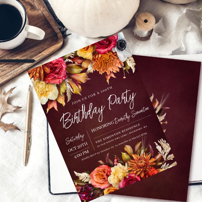 Fall Burgundy Flowers Chic Script 100th Birthday Inbjudningar (Colorful 100th birthday party invitation. Perfect for a fall celebration. )
