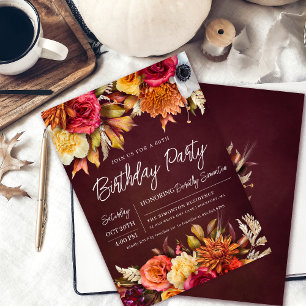 Fall Burgundy Flowers Chic Script 60:e födelsedage Inbjudningar