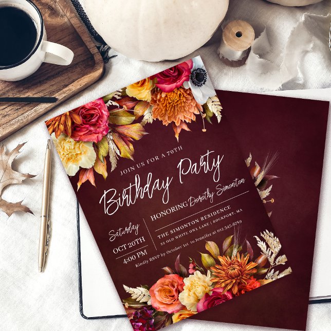 Fall Burgundy Flowers Chic Script 70:e födelsedage Inbjudningar (Chic Fall 70th Birthday Party Invite. Burgundy Red, Terracotta Orange, Golden Yellow earth colors.)