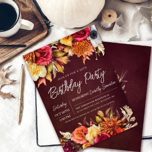 Fall Burgundy Flowers Chic Skript 50:e födelsedage Inbjudningar