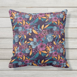 Fall Burgundy Navy Mustard Watercolor Flowers Art Kudde
