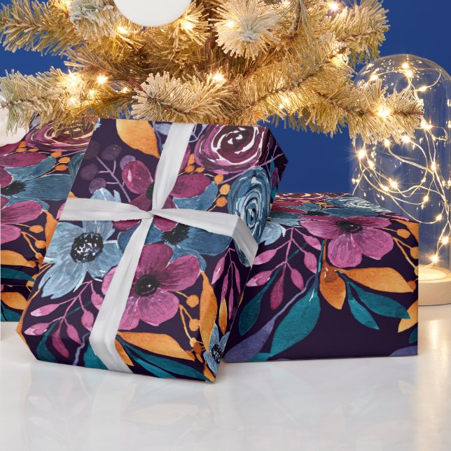 Fall Burgundy Navy Mustard Watercolor Flowers Art Presentpapper (Helgdagar)