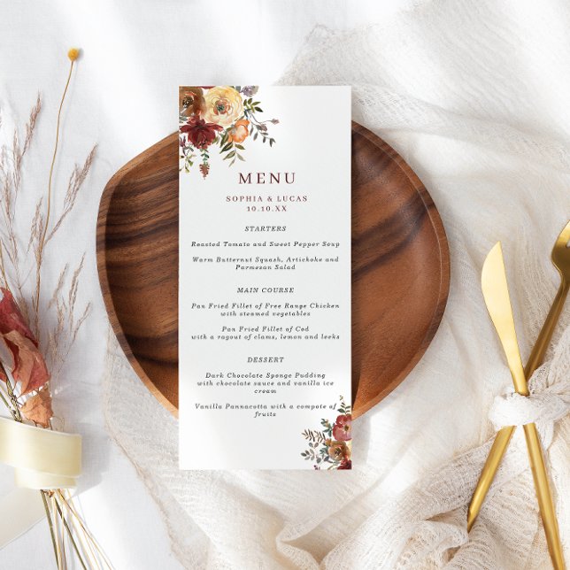 Fall Burgundy & Orange Watercolor Flowers Bröllop Meny (Skapare uppladdad)