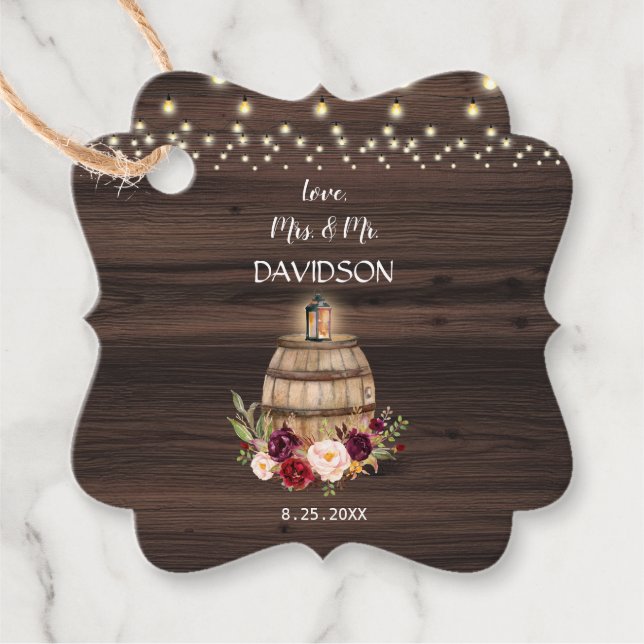 Fall Burgundy Vin Barrel Blommigt Barn Bröllop Gåvor Etiketter (Framsida)