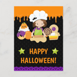 Fall Cakes Baking Brunette Girl Happy halloween Vykort