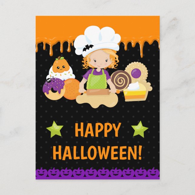 Fall Cakes Baking Red Hred Girl Happy halloween Vykort (Framsida)