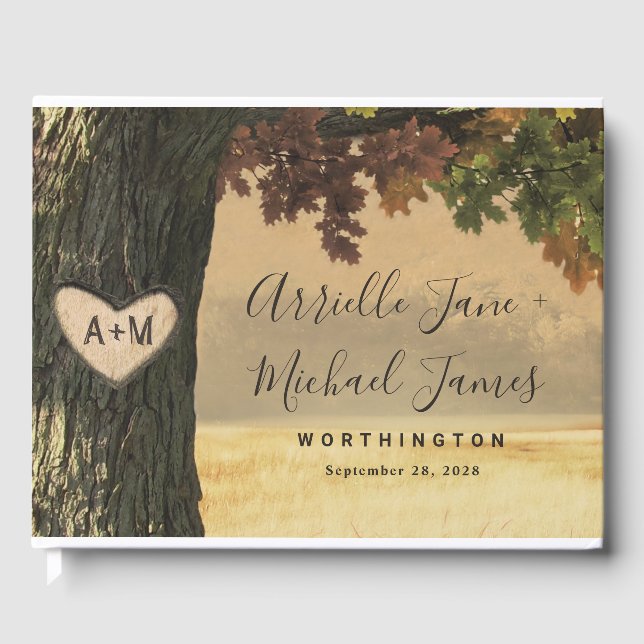 Fall Carved Oak Land Rustic Forest Bröllop Gästböcker (Framsida)