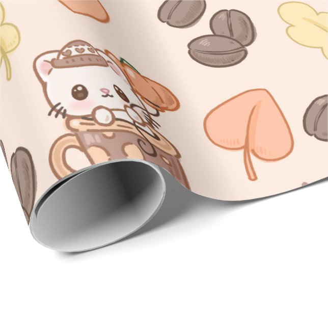 Fall Cat Mug Kawaii Coffee Bean Pattern Presentpapper (Rullad Hörn)