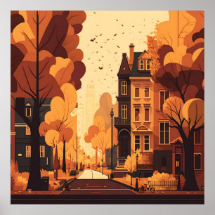 Fall City Street Rustic Orange Red Gult Brown Poster