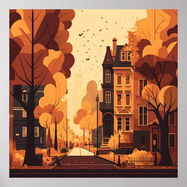 Fall City Street Rustic Orange Red Gult Brown Poster (Framsidan)