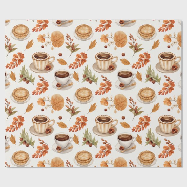 Fall Coffee and Pie Pattern with Leaves in Warm Presentpapper (Platt)