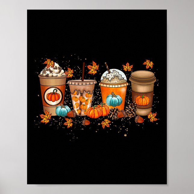 Fall Coffee Pumpkin Spice Latte Drinks Höst än Poster (Framsidan)