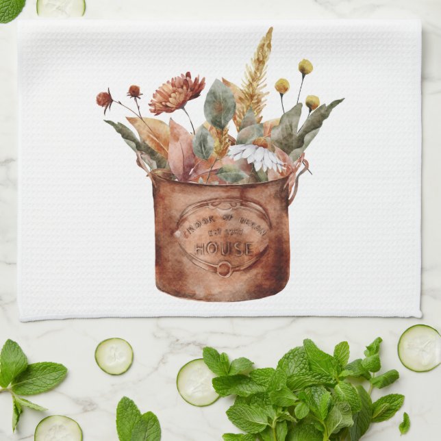 Fall Cottage Copper Blommigt Botanical Kökshandduk (Vikta)