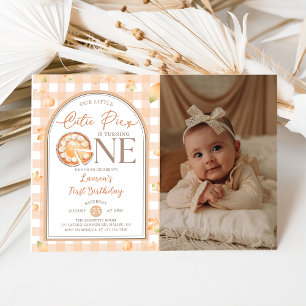Fall Cutie Paj Pumpkin Gingham 1:a födelsedagsfoto Inbjudningar
