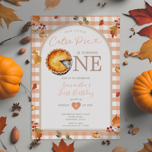 Fall Cutie Paj Rustic Orange Gingham 1st Birthday Inbjudningar (Skapare uppladdad)