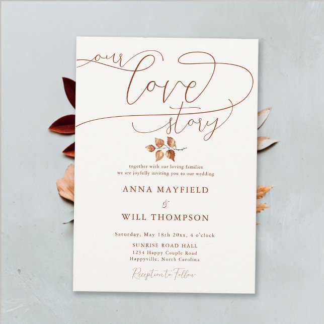 Fall Elegant Calligraphy our Kärlek Story Bröllop Inbjudningar (Our Love Story Romantic Elegant Calligraphy Fall Autumn Wedding Invitation Terracotta Burnt Orange)