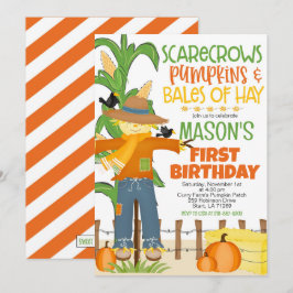 Fall Fågelskrämma Pumpkin Boy Birthday Inbjudningar