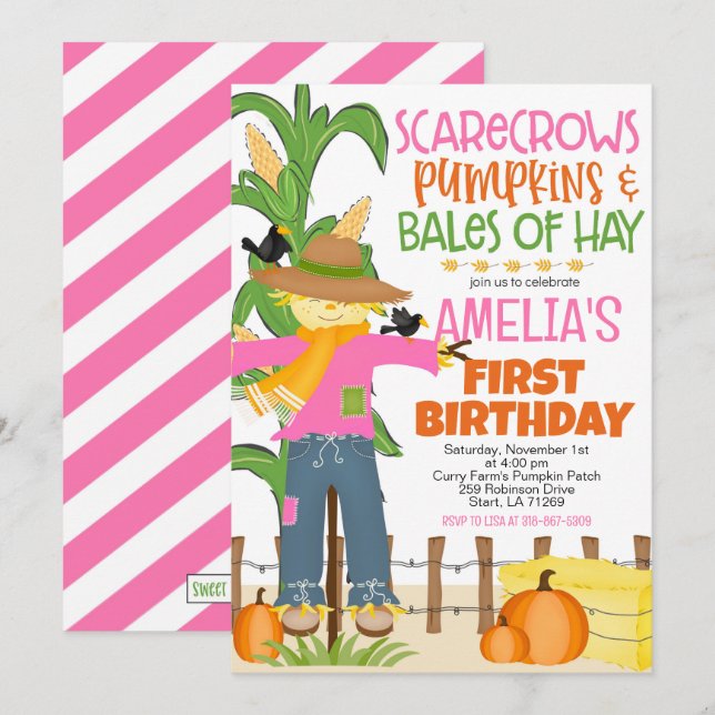 Fall Fågelskrämma Pumpkin Girl Birthday Inbjudningar (Fram/baksida)