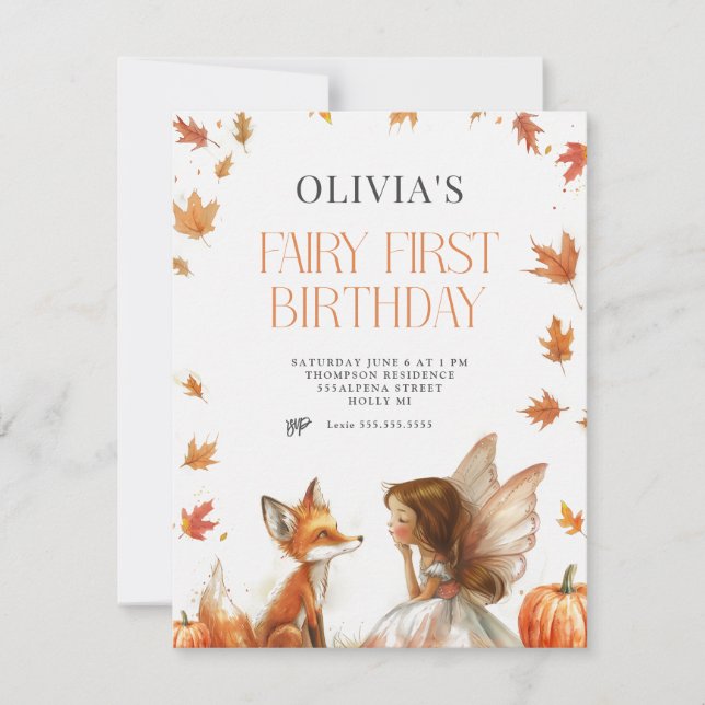 Fall Fairy First Birthday Inbjudan med Fox Brunett (Framsida)