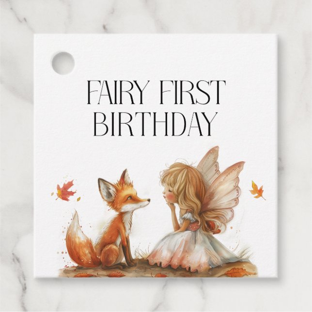 Fall Fairy First Birthday Tack med Fox Gåvor Etiketter (Framsida)