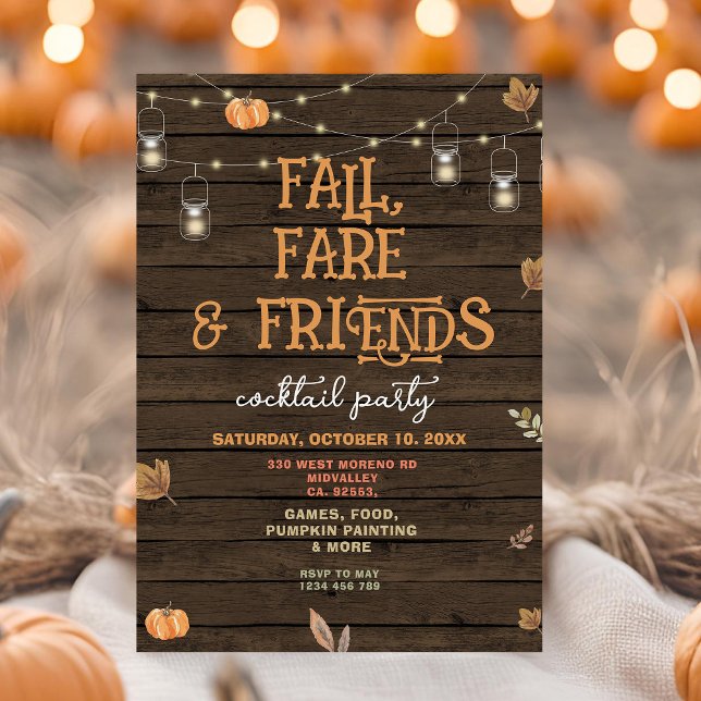 Fall, Fare & Friends Rustic Wood Cocktail Party Inbjudningar (Skapare uppladdad)
