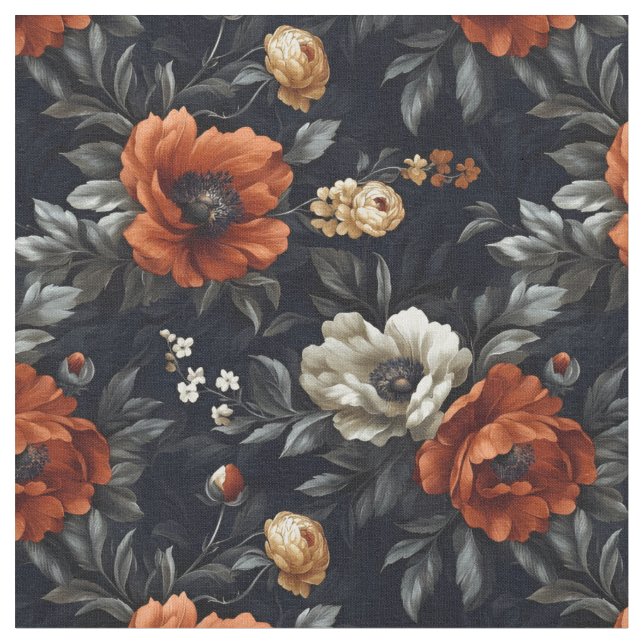 Fall Färgad Peonies on Black Tyg (Närbild)