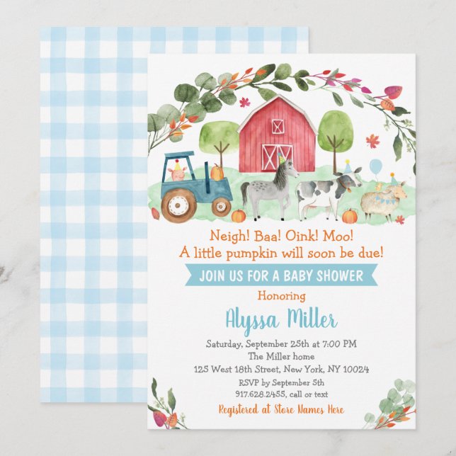 Fall Farm Pumpkin Baby Shower Inbjudningar (Fram/baksida)