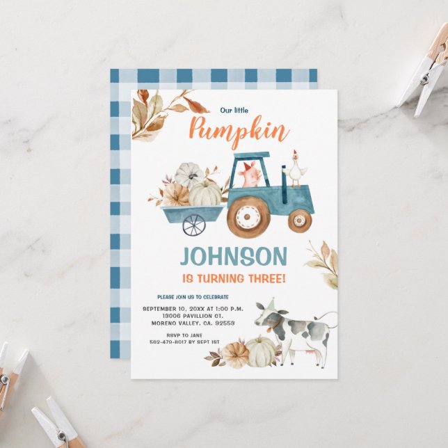 Fall Farm Vår lilla pumpkin Birthday Inbjudningar (Fram/Back In Situ)