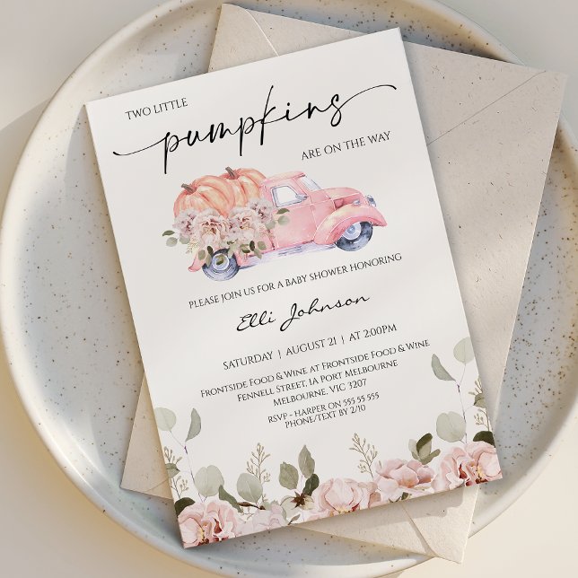 Fall , feminin, babystövel för femininin inbjudningar (Girl Twin Little Pumpkins Baby Shower Invitation Template, Feminine Fall Little Pumpkins Baby Shower)