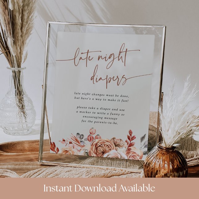 Fall Floral Baby Shower Late Night Diapers Sign Poster (Skapare uppladdad)