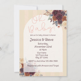 Fall Floral, Burgundy, Orange, Cream Baby Shower Inbjudningar