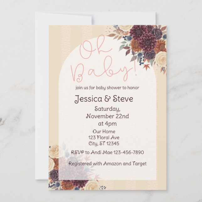 Fall Floral, Burgundy, Orange, Cream Baby Shower Inbjudningar (Framsida)