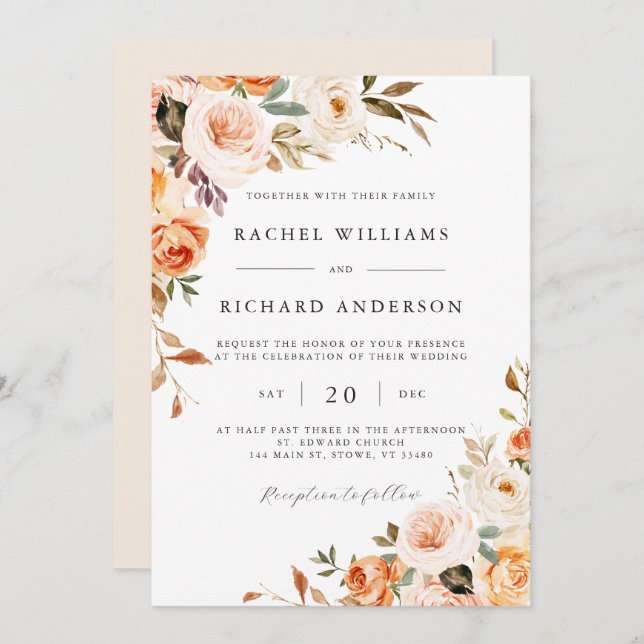 Fall Floral Wedding Invitation Peach Orange Modern Inbjudningar (Fram/baksida)