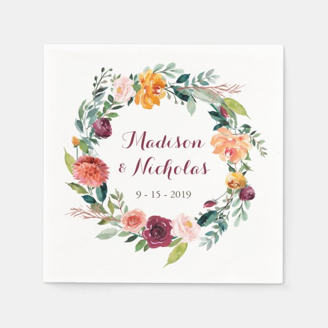 Fall Flower Bröllop Napkins, Orange Maronns Rosa Pappersservett (Framsidan)