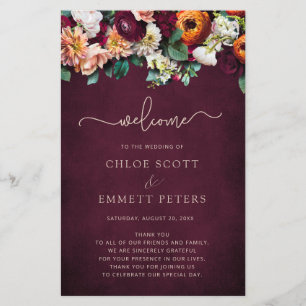 Fall Flowers Burgundy Bröllop Ceremony Program