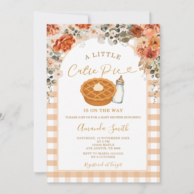 Fall Flowers Cutie Paj Gingham Fall Baby Shower Inbjudningar (Framsida)