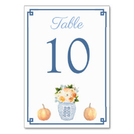 Fall Flowers Pumpkin Chinoiserie Chic Blue Bröllop Bordsnummer