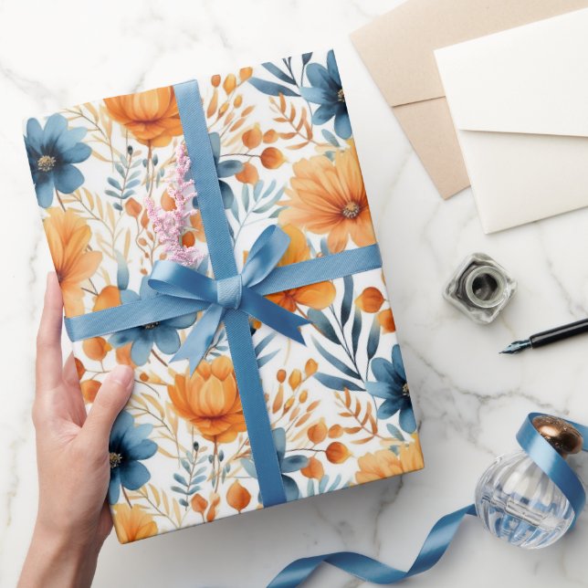 Fall Flowers Watercolor Söt Birthday Giftwrap Presentpapper (Gifting)