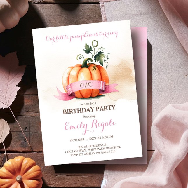 Fall Födelsedagsfest inbjudan - Rosa och Orange (Little pumpkin first birthday invitations cute watercolor pink and orange fall theme)