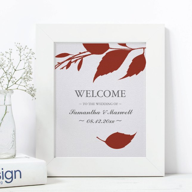 Fall Foliage Burnt Orange Löv Bröllop Välkomna Poster (Orange wedding welcome sign minimalistic leaves )