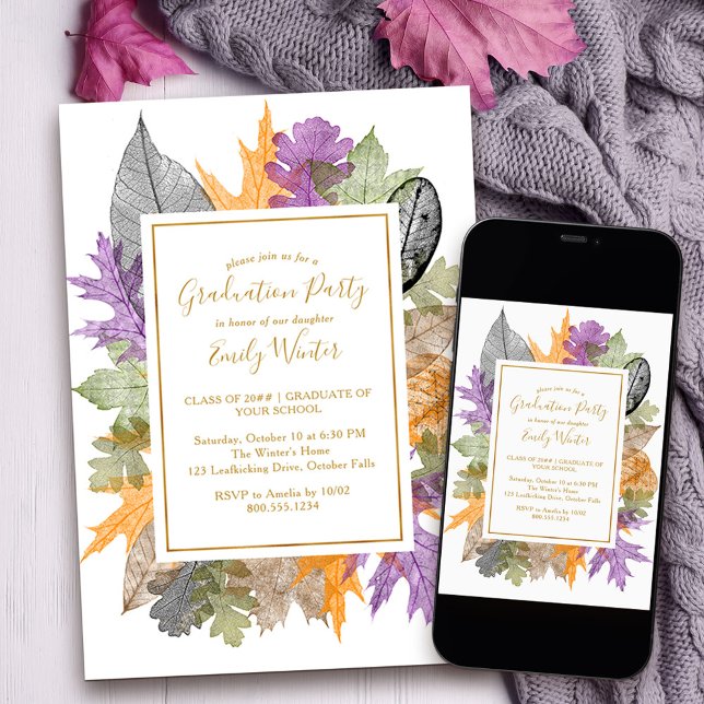 Fall Foliage Höst löv Guld-skript Studenten Inbjudningar (Fall Grad Party Invitation with autumn leaves to order printed or as a printable download)