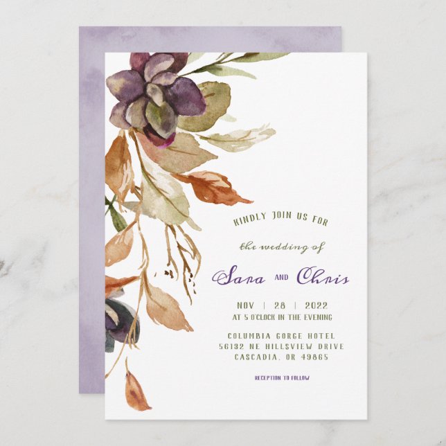 Fall Foliage och Succulage | Lila Vattenfärg Inbjudningar (Fram/baksida)
