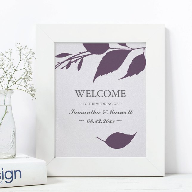 Fall Foliage Plum Lila Löv Bröllop Välkomna Poster (welcome sign for weddings purple leaves
)
