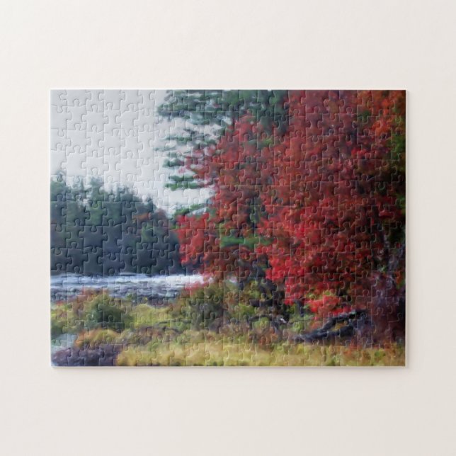Fall Foliage Pond Painting Nature Art Pussel (Horisontell)