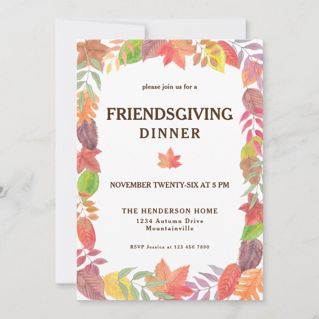 Fall Foliage Watercolor Friendsgiving Middag Inbjudningar (Framsida)