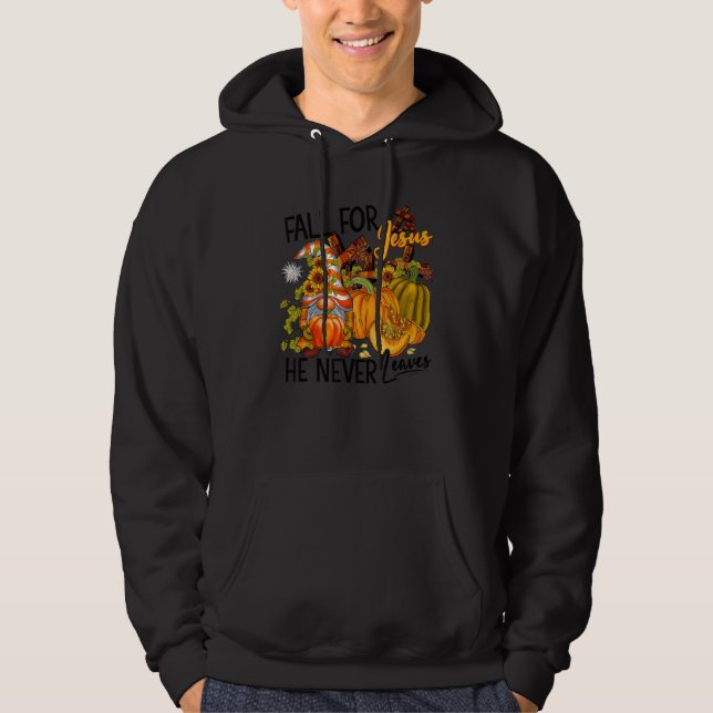 Fall For Jesus He Never Leaves Gnome Pumpkin Hello Hoodie (Framsida)