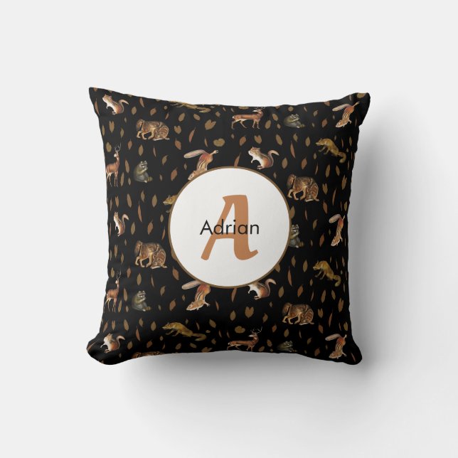 Fall Forest Animals Höst löv Monogram Kudde (Framsida)