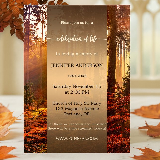 Fall Forest Firande of Life Memorial Inbjudningar (Memorial, funeral or celebration of life service invitation featuring a colorful autumn forest)
