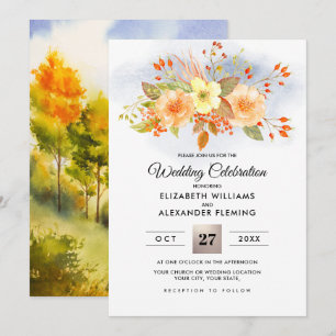 Fall Forest Hösten Bouquet Watercolor Bröllop Inbjudningar